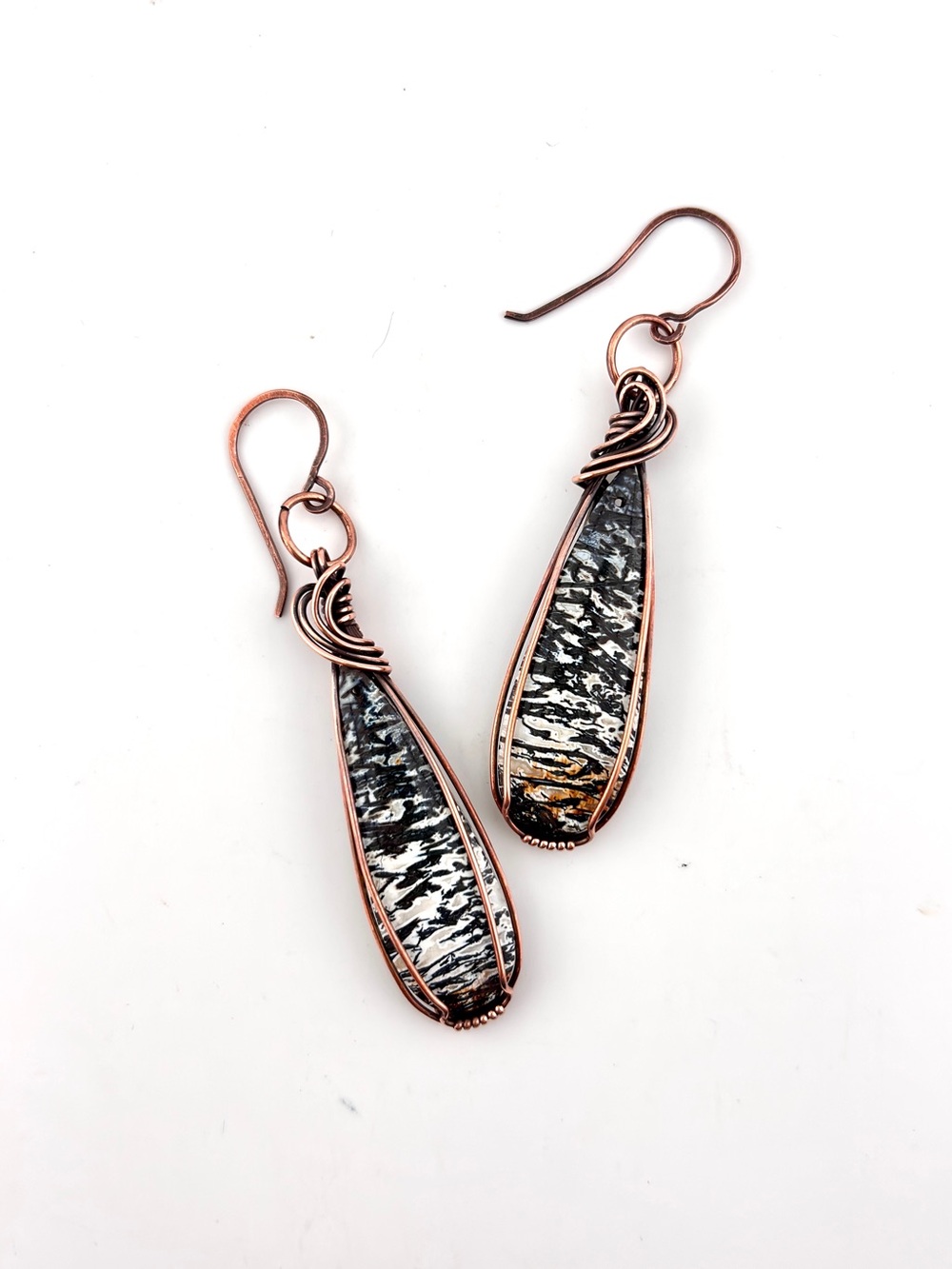 HANDMADE Petrified Palm Copper Wire Wrap Dangle Earrings, Artisan Jewelry Gift